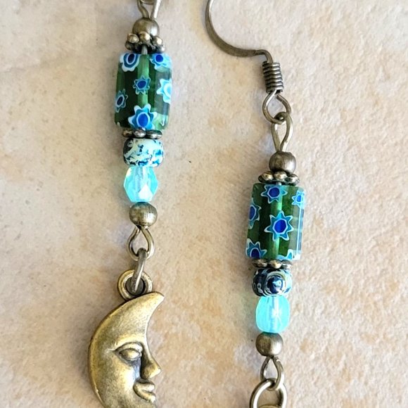 Crescent MOON Face Charm Earrings Millefiori Picasso Bronze Plated Hook Earwires - Picture 8 of 13